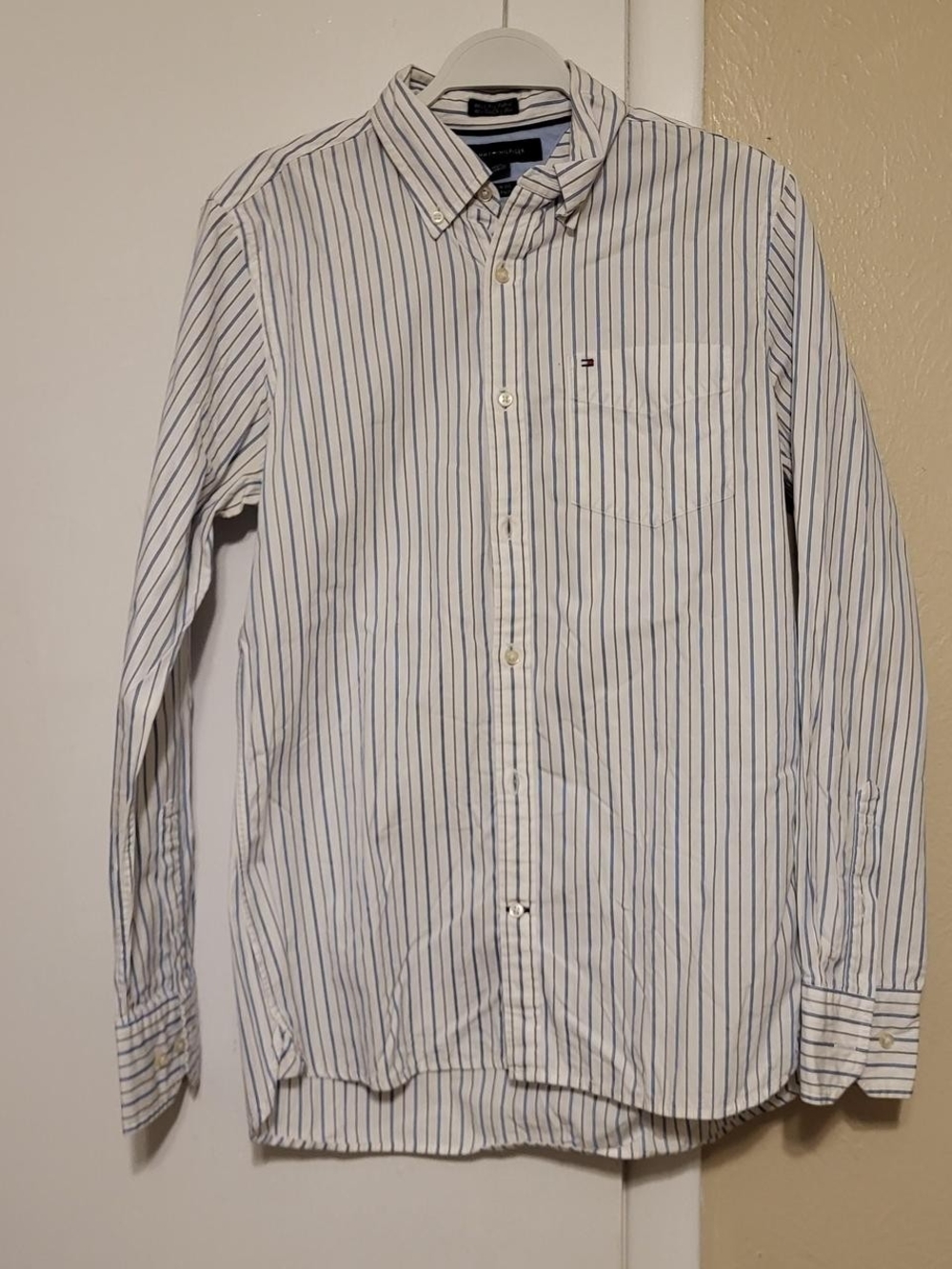 Tommy Hilfiger Men's White Shirt with Blue Pinstripes
